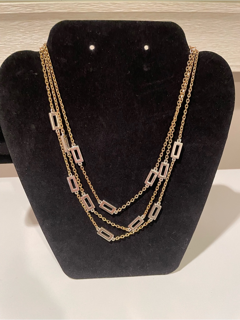 Tri-Strand Gold Necklace with Rectangular Accent Links - Women Jewelry